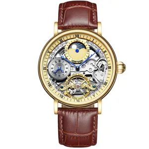 KINYUED Herren Automatikuhr mechanisch mit goldfarbenem Gehäuse, braunem Lederarmband, skelettiert.