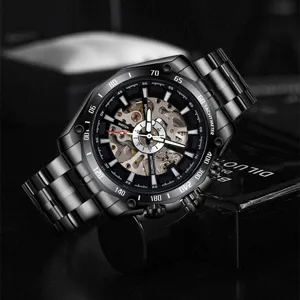 Herren automatische mechanische Uhr mit Skelett Zifferblatt Stahlband Hauptansicht