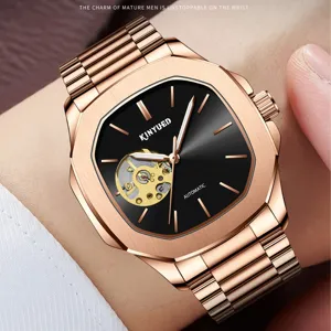 KINYUED Herren Automatikuhr Roségold Skelett Zifferblatt Luxus Armbanduhr für Männer