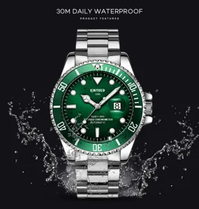 Edelstahl Automatik mechanische Uhr mit grünem Zifferblatt, 30m wasserdichte Herrenuhr.