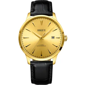 Herren Automatikuhr mit goldener Zifferblatt, Edelstahlgehäuse und schwarzem Lederarmband.