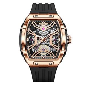 Herren Automatik mechanische Uhr Skelett Tonnenzifferblatt wasserdicht Luxus Armbanduhr