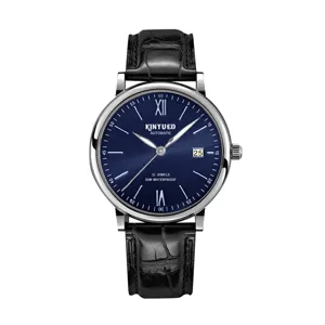 Herren Automatik mechanische Uhr mit blauem Zifferblatt, silbernem Gehaeuse und Lederarmband.