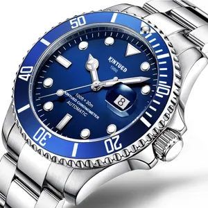 Automatisches mechanisches Herrenuhr mit blauem Zifferblatt Edelstahlarmband wasserdicht.