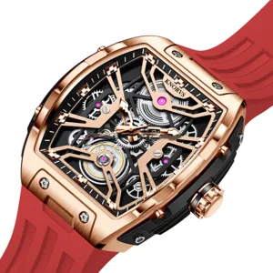 Luxus Herren Automatik mechanische Uhr mit Tonneau Gehäuse Skelett Zifferblatt rotem Armband.
