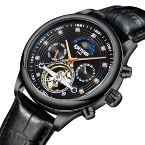 Reloj mecánico automático para hombre con tourbillon, fase lunar y correa de cuero negro.