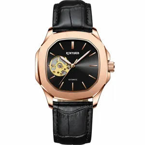 Herren Automatik mechanische Uhr fuer Business mit skelettiertem Zifferblatt Lederarmband