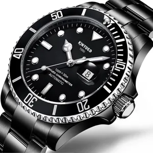 Herren Automatikuhr schwarzes Zifferblatt Edelstahlarmband Luxus Taucherstil wasserdichte Uhr.