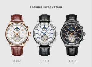 KINYUED automatisches mechanisches Herrenuhr mit Kalender, Tourbillon und echtem Lederarmband.