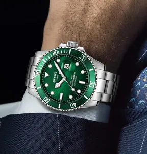 Herren Automatik mechanische Uhr gruenes Zifferblatt Edelstahlarmband wasserdicht Geschaeftsdetail