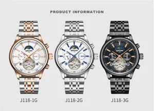 Detailansicht der KINYUED automatischen mechanischen Uhr mit Skelettzifferblatt.