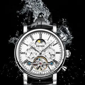 Reloj Mecánico Automático para Hombre Negocios Calado Impermeable Reloj de Pulsera Con Correa de Cuero Genuino y Fase Lunar