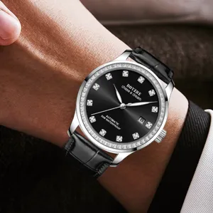 Herren Automatik mechanische Uhr mit schwarzem Zifferblatt Diamantlünette Lederarmband