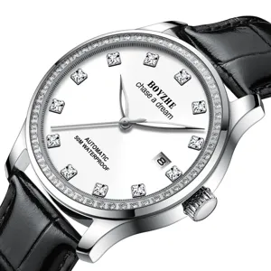 Herren Automatische Mechanische Uhr Edelstahl Echtes Leder Armband Strass Business Luxus Armbanduhr