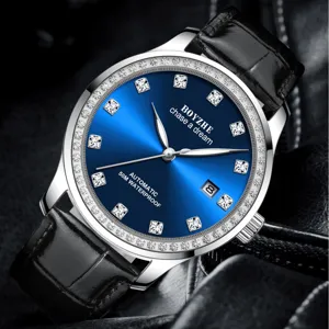 Herren Automatikuhr mechanische Uhr blau Zifferblatt Diamant Lünette mit Lederarmband