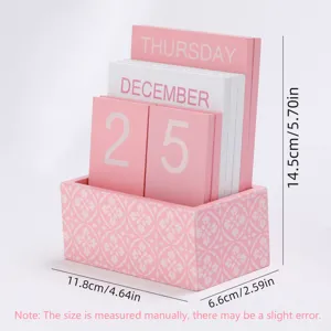 Wooden desktop calendar set with pink blocks and floral base for office home decor.