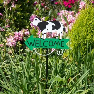 Metal garden stake cow welcome sign lawn outdoor yard decoration ornament piece yard art