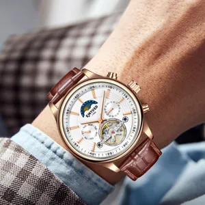 KINYUED Herren Automatikuhr Mechanische Uhr Roségold Gehäuse Weißes Zifferblatt Leder