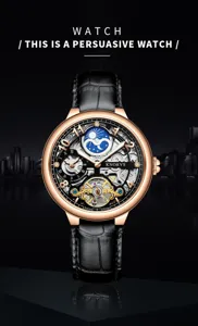 Luxus automatische mechanische Skelettuhr für Herren mit Lederarmband und Mondphase Zifferblatt.