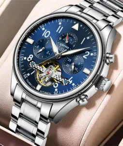Herren Automatik mechanische Uhr blaues Zifferblatt Edelstahlarmband Luxus Design