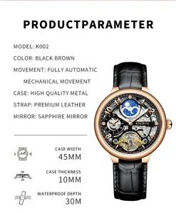 Detailansicht der KNORVS Automatik-Herrenuhr mit 45mm Gehaeuse und schwarzem Lederarmband.