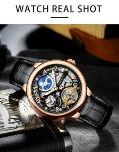 Herren Automatik Mechanische Uhr Skelett Luxus Roségold Gehäuse Lederarmband Design