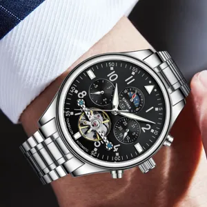 KINYUED automatische mechanische Herrenuhr mit stilvollem skelettiertem Zifferblatt.