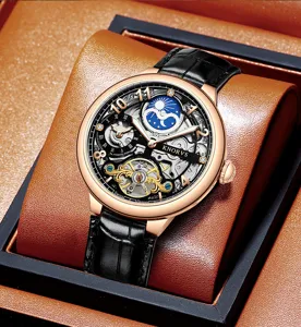 KNORVS Herren Automatikuhr Skelett Zifferblatt Luxus Armbanduhr Braunes Lederarmband