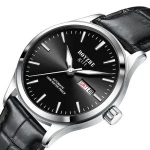 Herren Automatische Mechanische Uhr Edelstahlgehäuse Echtes Leder Armband Wasserdicht Business Armbanduhr Für Herren