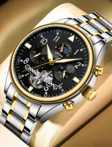 Herren automatik mechanische uhr zweifarbig edelstahl skelett luxus armbanduhr