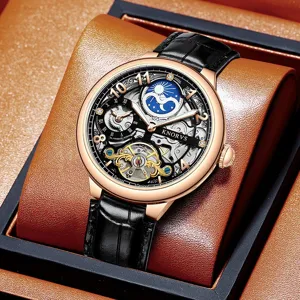 Herren Automatische Mechanische Uhr Durchbrochenes Zifferblatt Tourbillon Stil Legierung Gehäuse Echtes Leder Armband Wasserdichte Armbanduhr