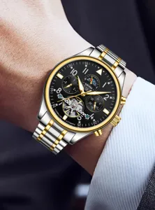 KINYUED Luxus Herren Automatikuhr Skelett Gold Edelstahl Business Armbanduhr Neu