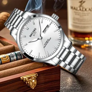 Reloj automático de acero inoxidable para hombre con esfera plateada estilo de negocio.