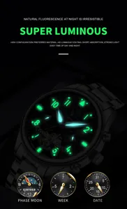 Detailansicht der KINYUED Herren Automatik mechanische Uhr mit Leuchtzeigern und Tasten.