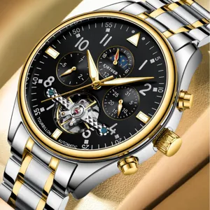 KINYUED Herren Automatikuhr Mechanische Uhr Gold Silber Edelstahl Schwarzes Zifferblatt