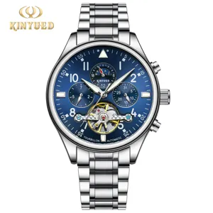 Herren Automatik mechanische Uhr mit blauem Zifferblatt Edelstahlarmband Skelett.
