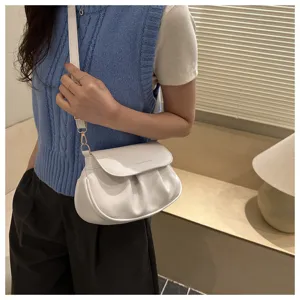 Chic white pleated crossbody saddle bag for women, stylish shoulder bag for daily commute.