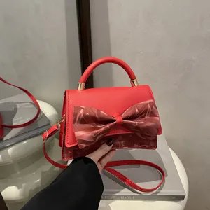 Red PU leather women handbag with large bowknot stylish top handle crossbody bag for summer