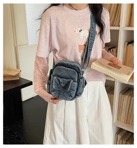Sac bandoulière en denim lavé vintage style coréen sac carré décontracté pour femmes
