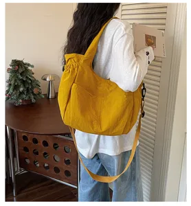 Yellow nylon shoulder bag casual large capacity crossbody tote bag with pockets for daily use