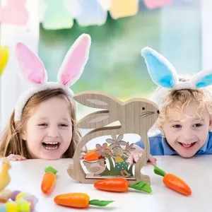 Easter wooden bunny ornament desktop hollow three-dimensional craft decor with carrot toys.
