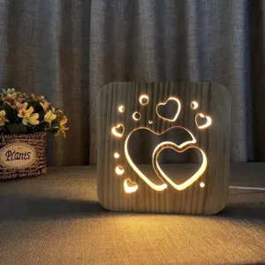 Wooden carved heart LED night light detail, warm glowing ambient lamp for home decor.
