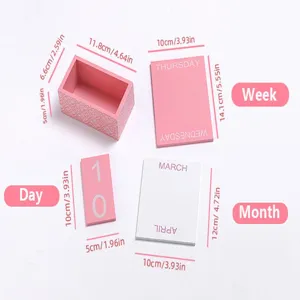 Wooden desk calendar set accessories, desktop memo calendar components with pink box and cards.