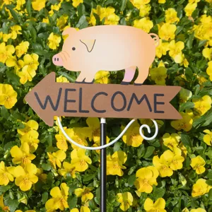 Metal pig garden stake with welcome sign outdoor yard lawn decorative flower insert ornament.