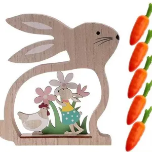 Wooden Easter rabbit ornament detail showing hollow design, cute chicken, flowers, and carrots.