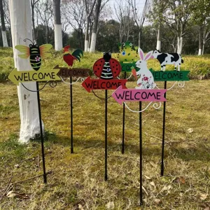Metal animal garden stakes with welcome signs for yard, lawn, Easter, and outdoor park decor.