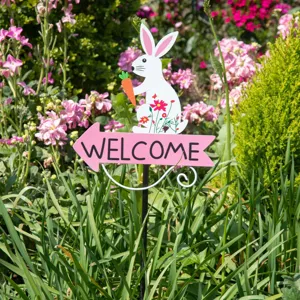 Metal Easter bunny garden stake with welcome arrow yard sign for outdoor lawn and yard decor.