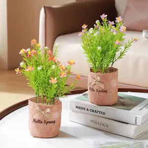 Nordic artificial potted plants set, fake green flowers in burlap pot for home decor.