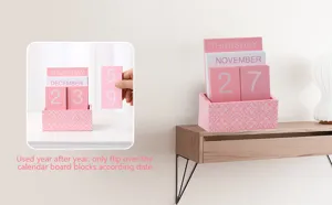 Wooden perpetual calendar desk ornament pink block calendar for home office decor details