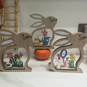 Easter wooden bunny ornament hollow desktop decoration table display craft festive gift.